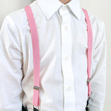 Load image into Gallery viewer, Child wearing a pair of pink suspenders with a white dress shirt