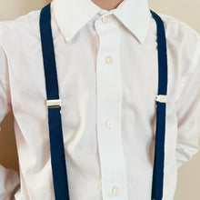 Load image into Gallery viewer, Boy wearing twilight blue suspenders with a white dress shirt