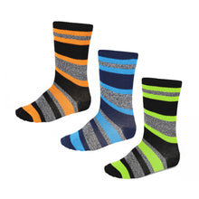 Load image into Gallery viewer, Boys&#39; 3-pack crew height striped socks in bright colors orange, turquoise and lime green