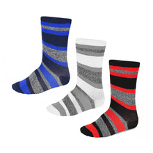 Load image into Gallery viewer, Boys&#39; 3-pack crew height striped socks in classic colors royal blue, white, and red.