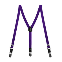 Load image into Gallery viewer, A pair of boys&#39; amethyst purple skinny suspenders, laid out flat into an M shape