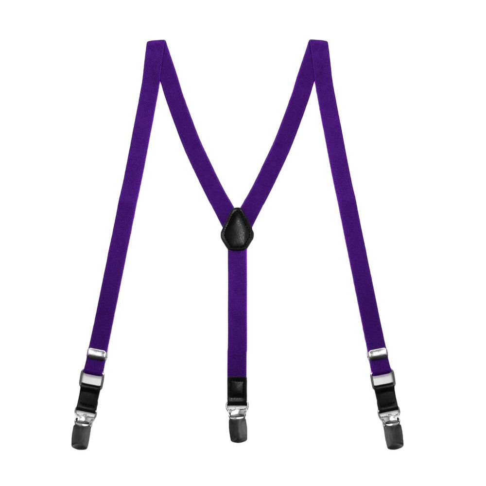 A pair of boys' amethyst purple skinny suspenders, laid out flat into an M shape