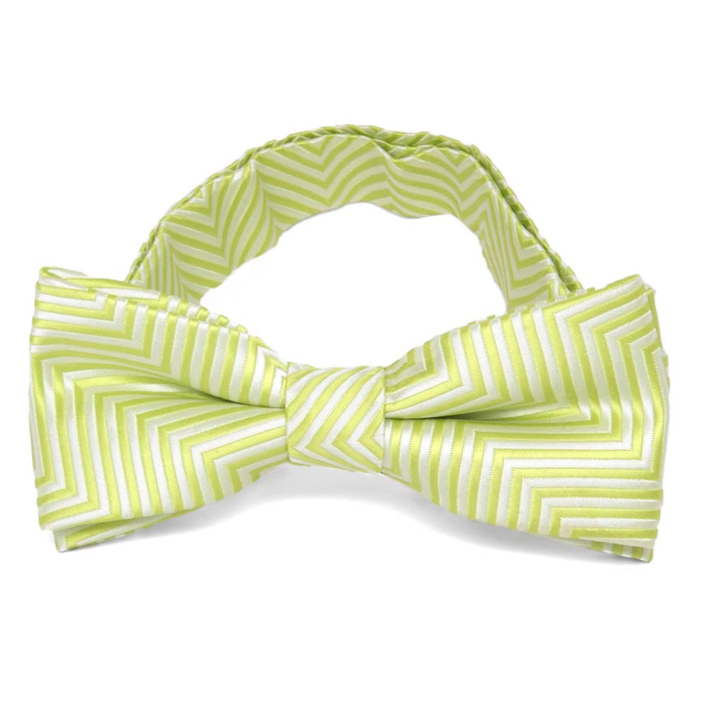 Front view of a bright green and white chevron pattern boys' bow tie