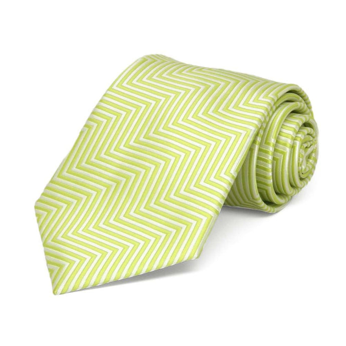 Rolled view of a bright green and white chevron pattern boys' necktie