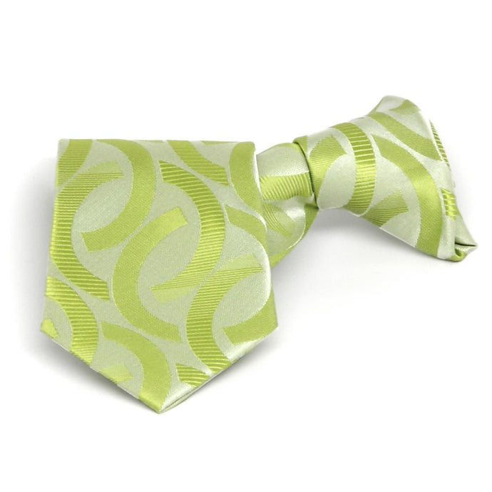Boys' bright green link pattern clip-on tie, folded front view