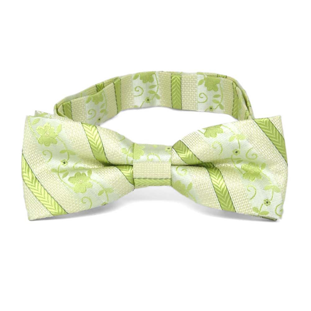 Front view of a bright green floral stripe boys' bow tie