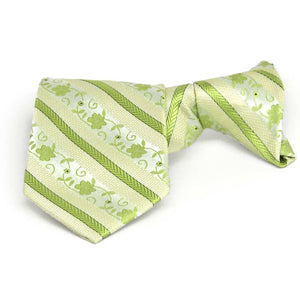Folded front view of a bright green floral stripe boys' clip-on style tie