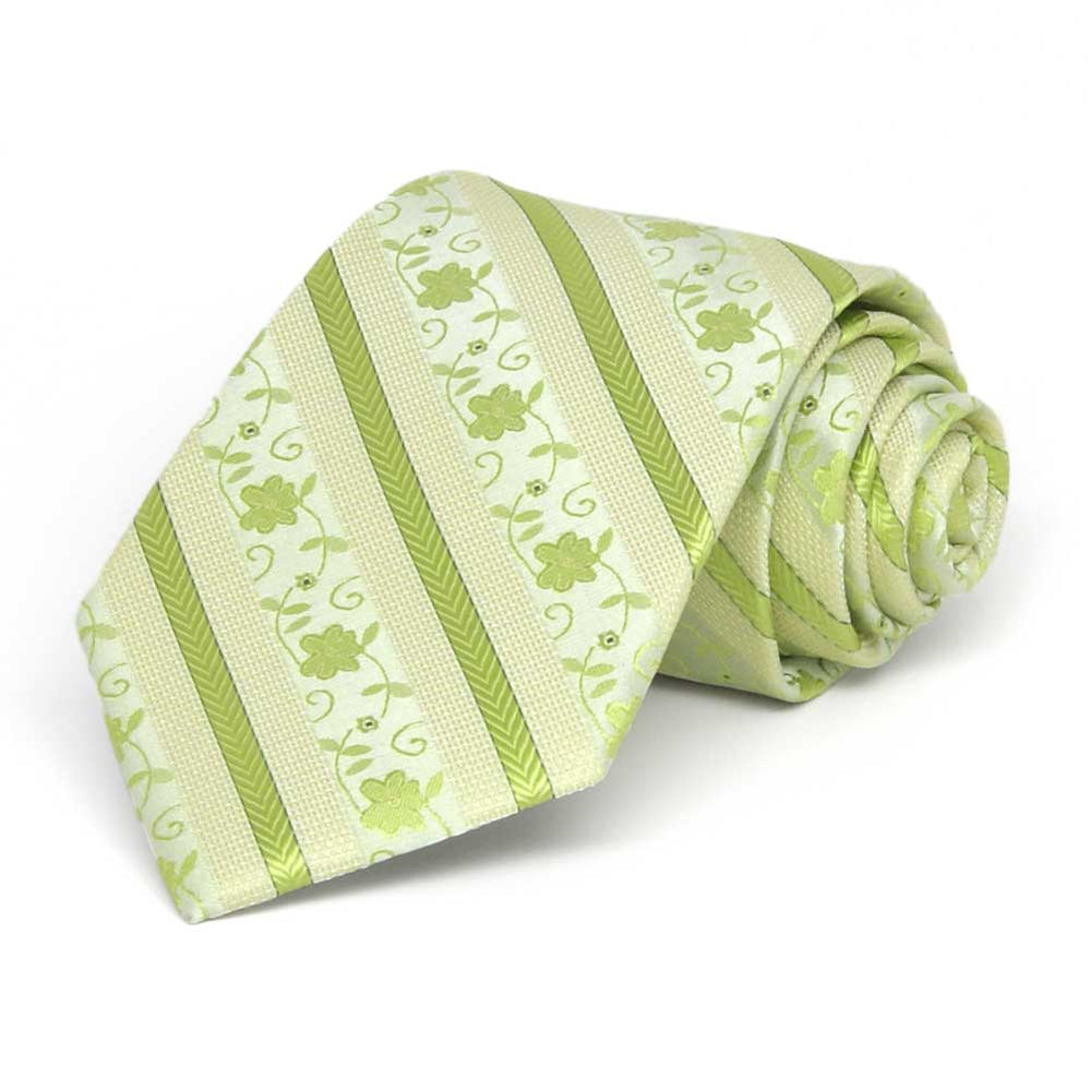 Rolled view of a bright green floral stripe boys' necktie