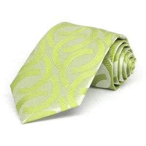 Boys' bright green link pattern necktie, rolled to show pattern up close