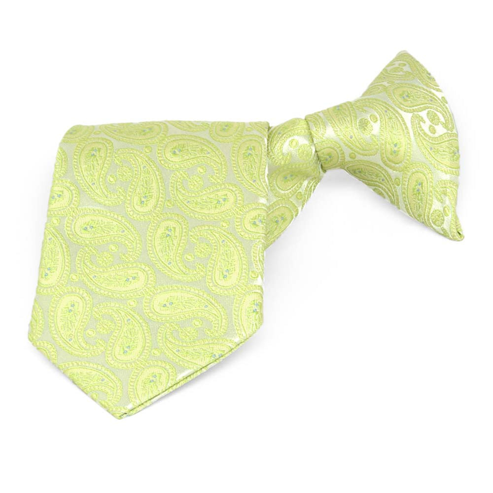 Bright green paisley boys' clip-on tie, folded front view