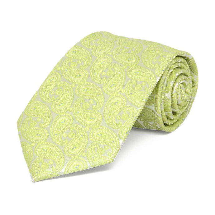 Bright green paisley boys' necktie, rolled to show texture of pattern