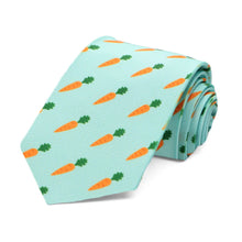 Load image into Gallery viewer, A child-size carrot themed tie in aqua, rolled to show off the pattern