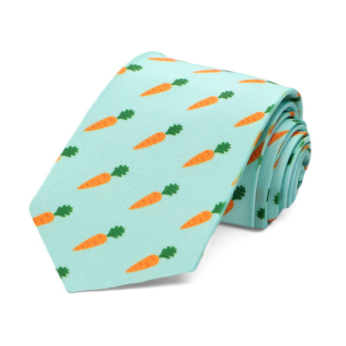 A child-size carrot themed tie in aqua, rolled to show off the pattern