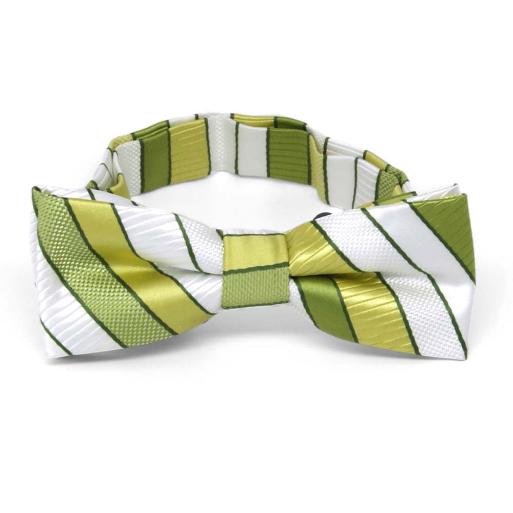 Front view of a green and white striped boys' bow tie