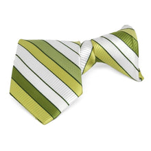 Load image into Gallery viewer, Folded front view of a green and white striped boys&#39; clip-on style tie