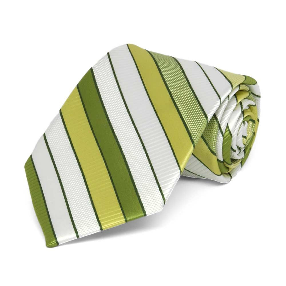 Rolled view of a green and white striped boys' necktie