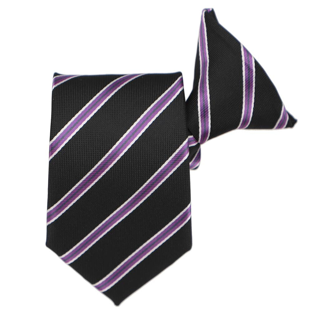 Boys' black and purple striped clip-on tie, folded front view 