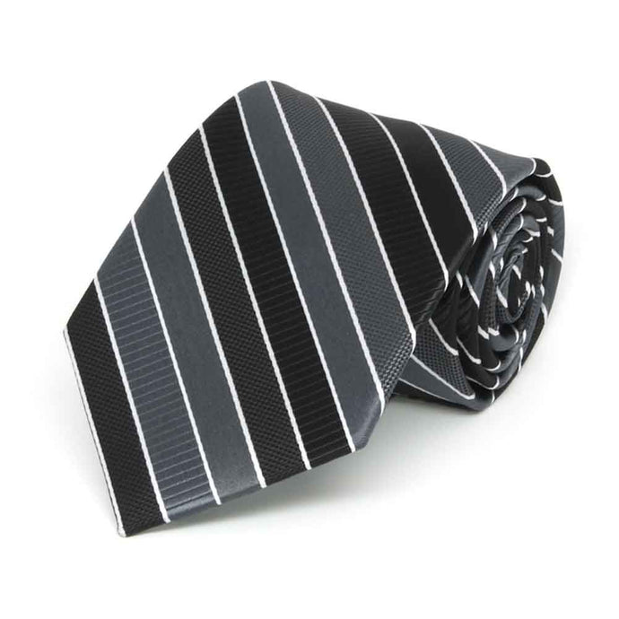 Rolled view of a black, gray and white striped boys' necktie