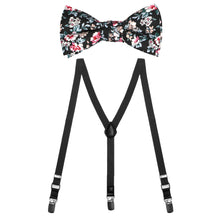 Load image into Gallery viewer, A child-size black floral bow tie paired with a pair of black suspenders.