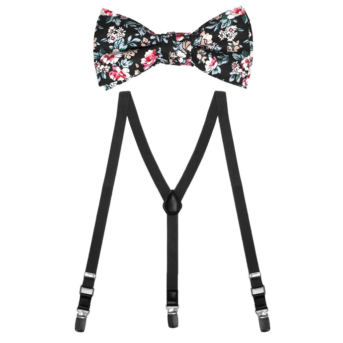 A child-size black floral bow tie paired with a pair of black suspenders.
