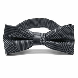 Boys' black and gray plaid bow tie, close up front view
