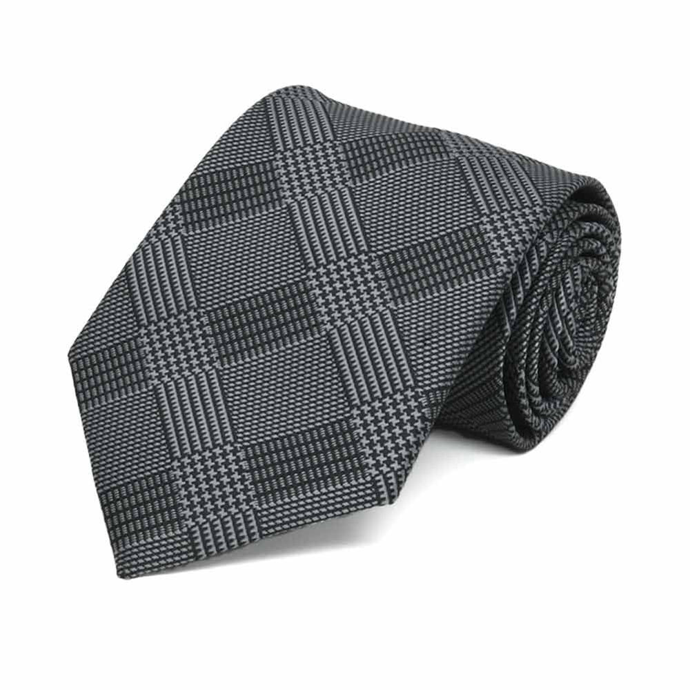 Boys' black and gray plaid necktie, rolled view