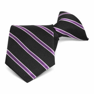 Black and purple striped boys' clip-on style tie, folded front view