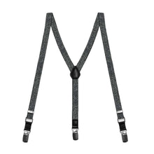 Load image into Gallery viewer, A pair of children&#39;s black suspenders with shiny metallic details, laid out into an M shape