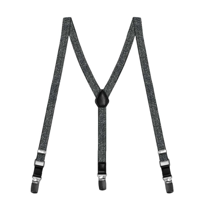 A pair of children's black suspenders with shiny metallic details, laid out into an M shape