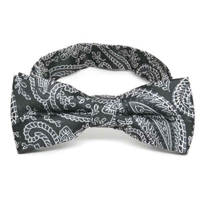 Boys' black and silver paisley bow tie, front view