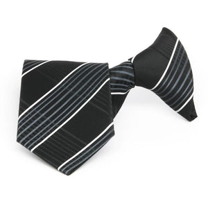 Boys' black, silver and white plaid clip-on tie, folded front view