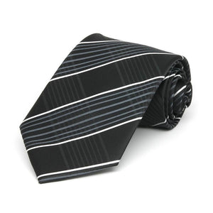 Boys' black, silver and white plaid necktie, rolled view
