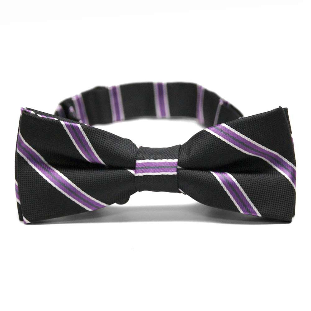 Black and purple striped boys' bow tie, front view