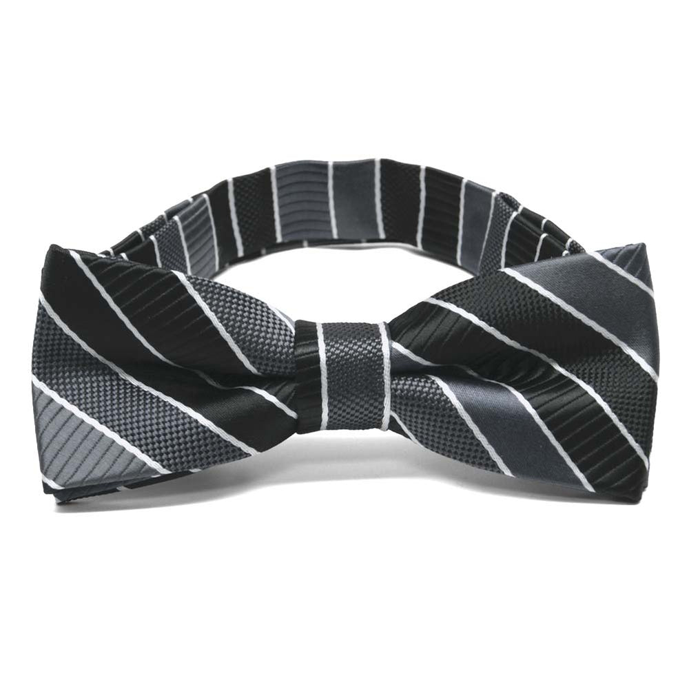 Front view of a black, gray and white striped boys' bow tie