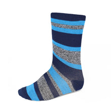 Load image into Gallery viewer, Boys&#39; navy, turquoise and gray crew height striped socks.