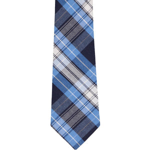The front of a boys blue plaid necktie