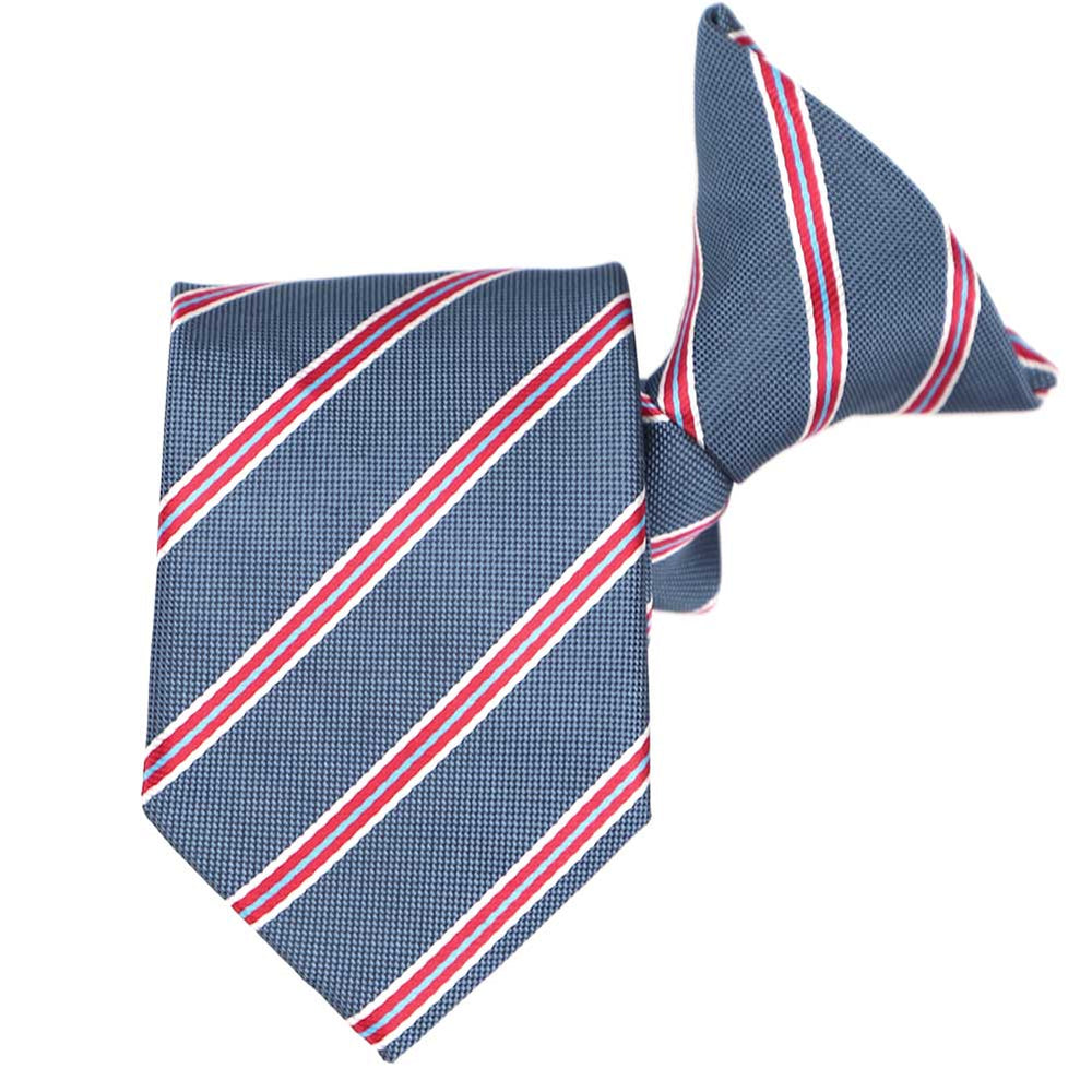 Denim blue, red and white striped boys' clip-on tie, folded front view