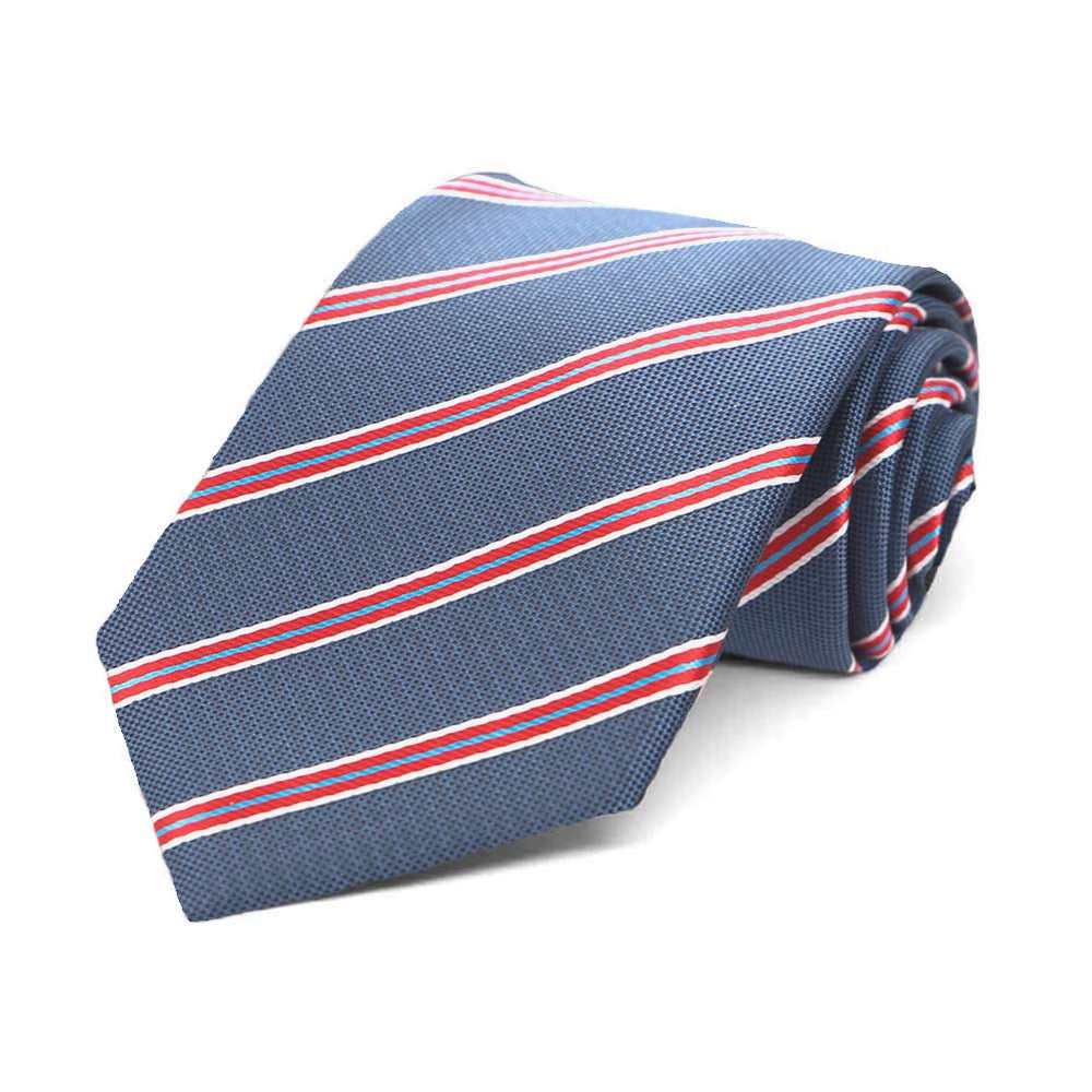 Denim blue, red and white striped boys' necktie, rolled view to show texture