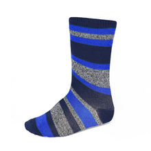 Load image into Gallery viewer, Boys&#39; classic colors royal blue, navy blue and gray crew height striped socks.