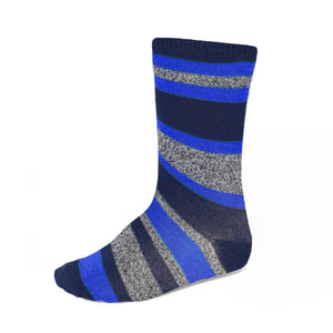Boys' classic colors royal blue, navy blue and gray crew height striped socks.