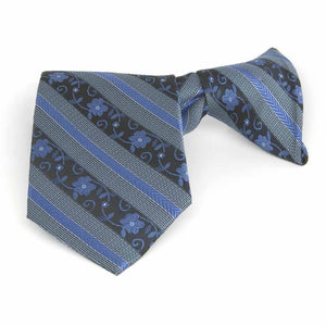 Folded front view of a blue floral stripe boys' clip-on style tie