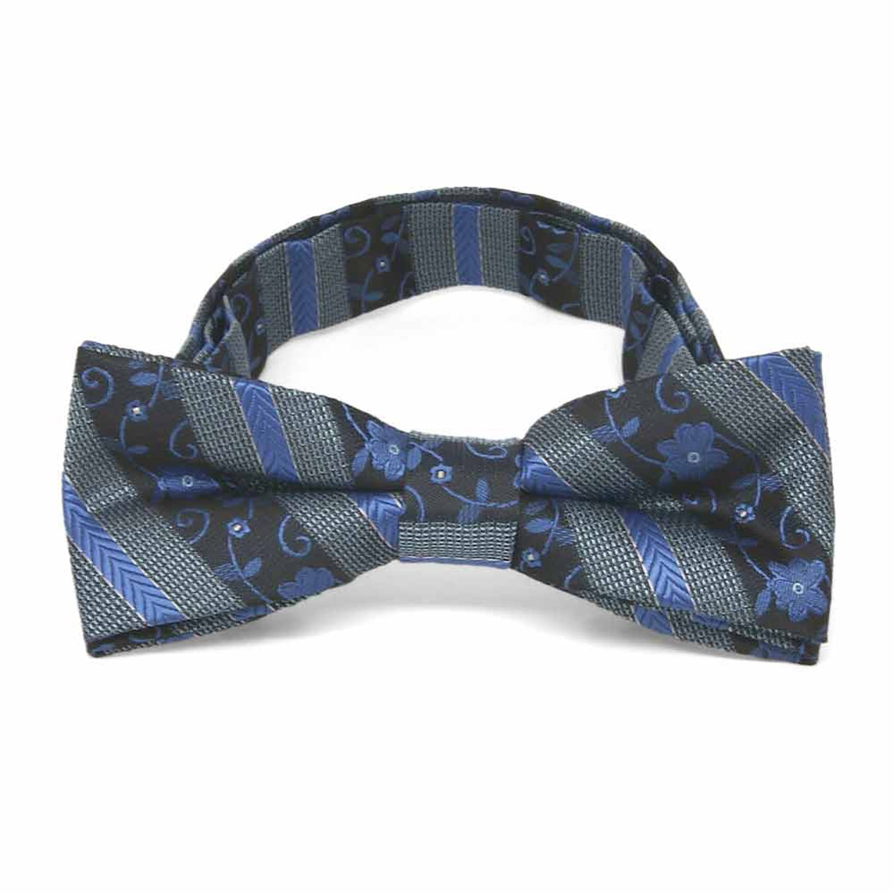 Front view of a blue floral stripe boys' bow tie