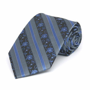 Rolled view of a blue floral stripe boys' necktie