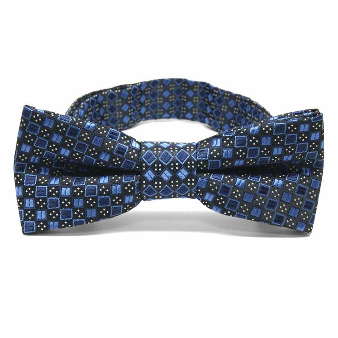 Blue square pattern boys' bow tie, front view