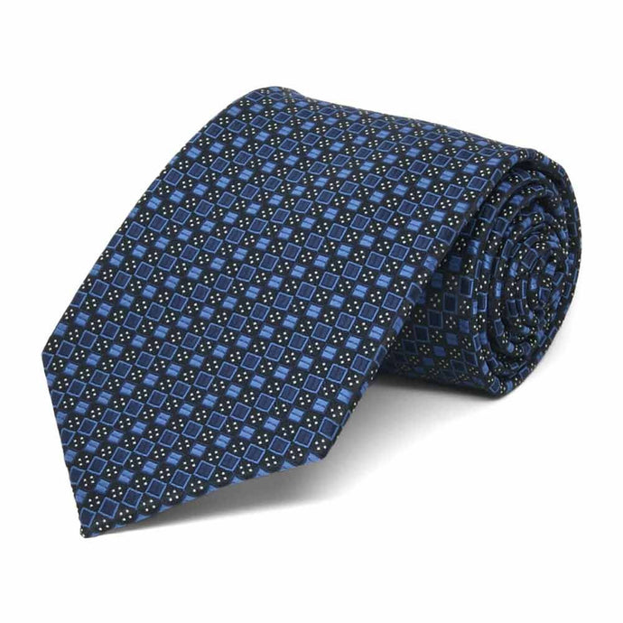 Rolled view of a blue square pattern boys' necktie