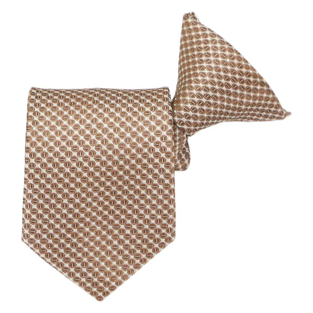Light brown circle pattern boys' clip-on style tie, folded front view