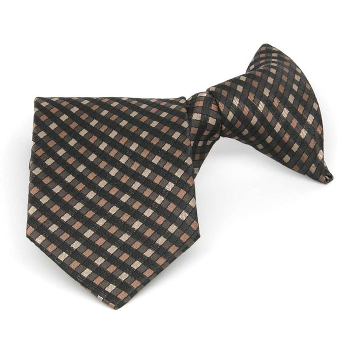 Boys' black and brown plaid clip-on tie, folded front view to show pattern