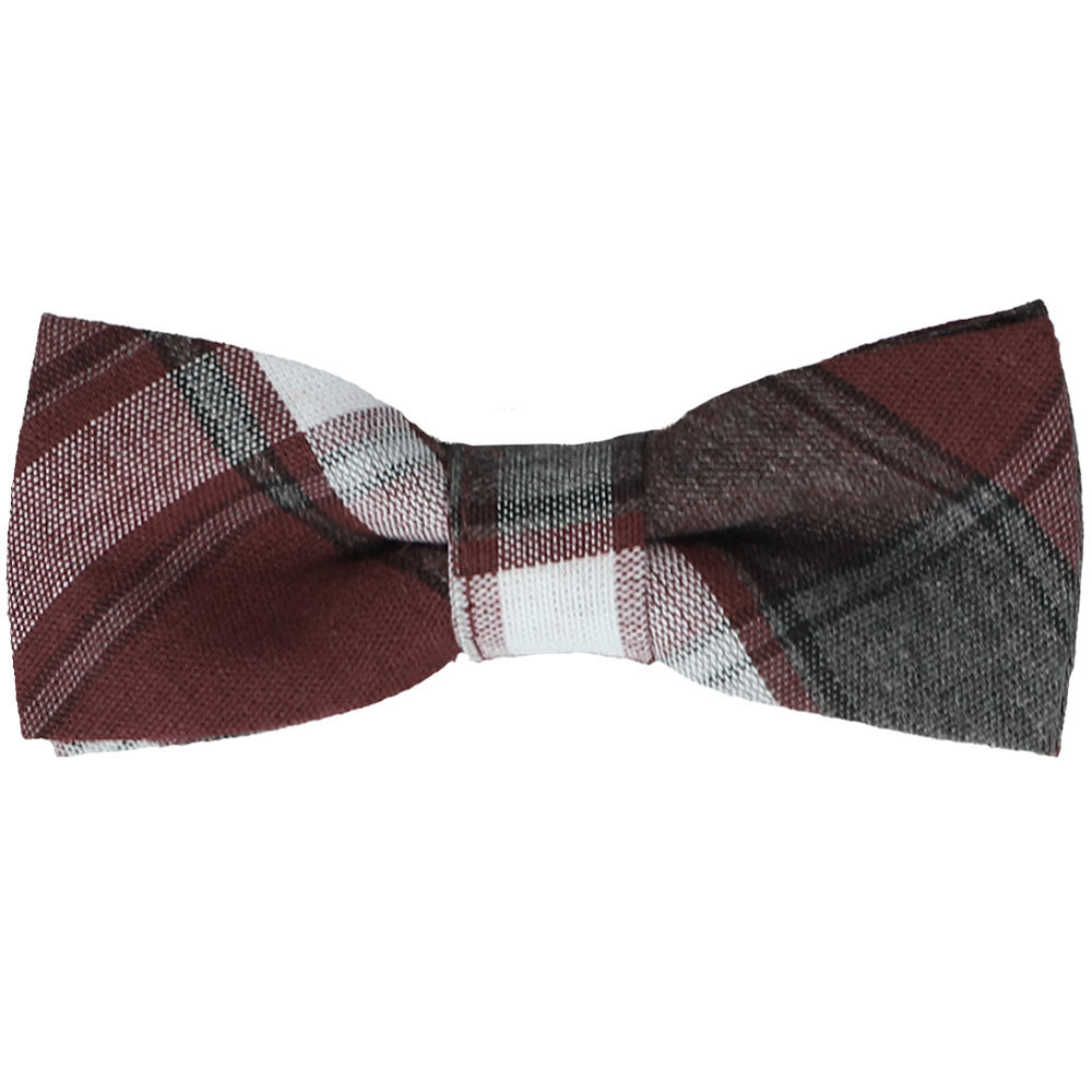 Boys' plaid bow tie in burgundy and gray