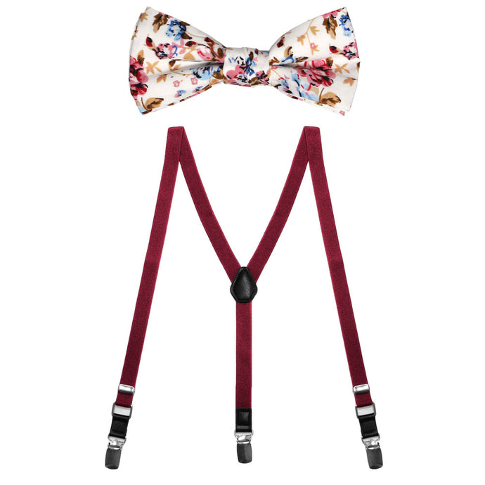 A pair of boys burgundy suspenders with a burgundy, tan and cream bow tie