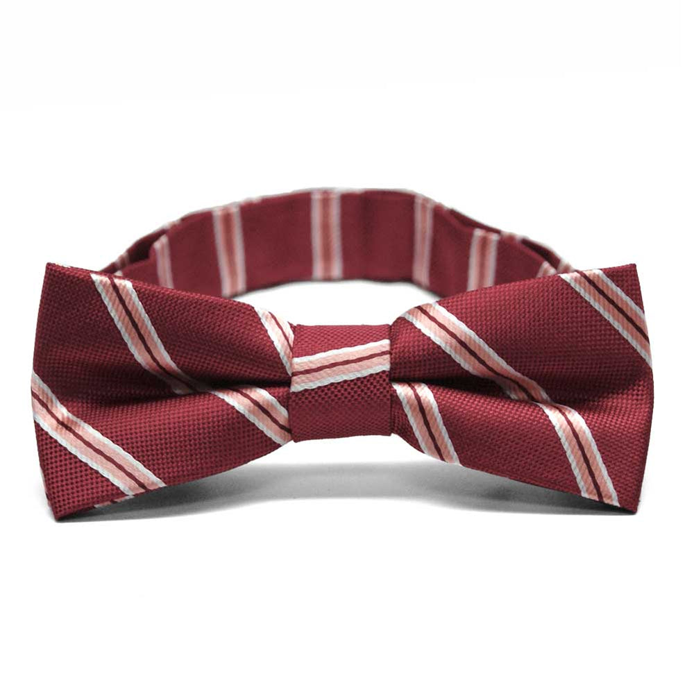 Boys' burgundy and white striped bow tie, front view